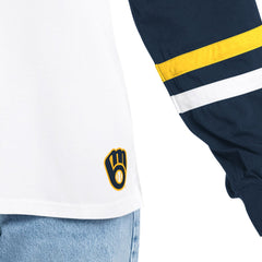 Milwaukee Brewers G-III 4Her by Carl Banks Women's Key Player Oversized Hooded Long Sleeve T-Shirt White/Navy