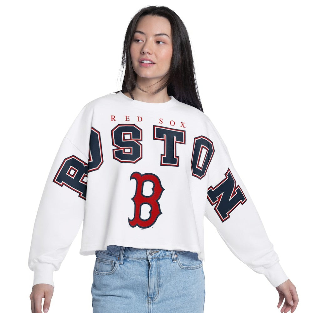 Boston Red Sox G-III 4Her by Carl Banks Women's Bleachers Cropped Pullover Sweatshirt White