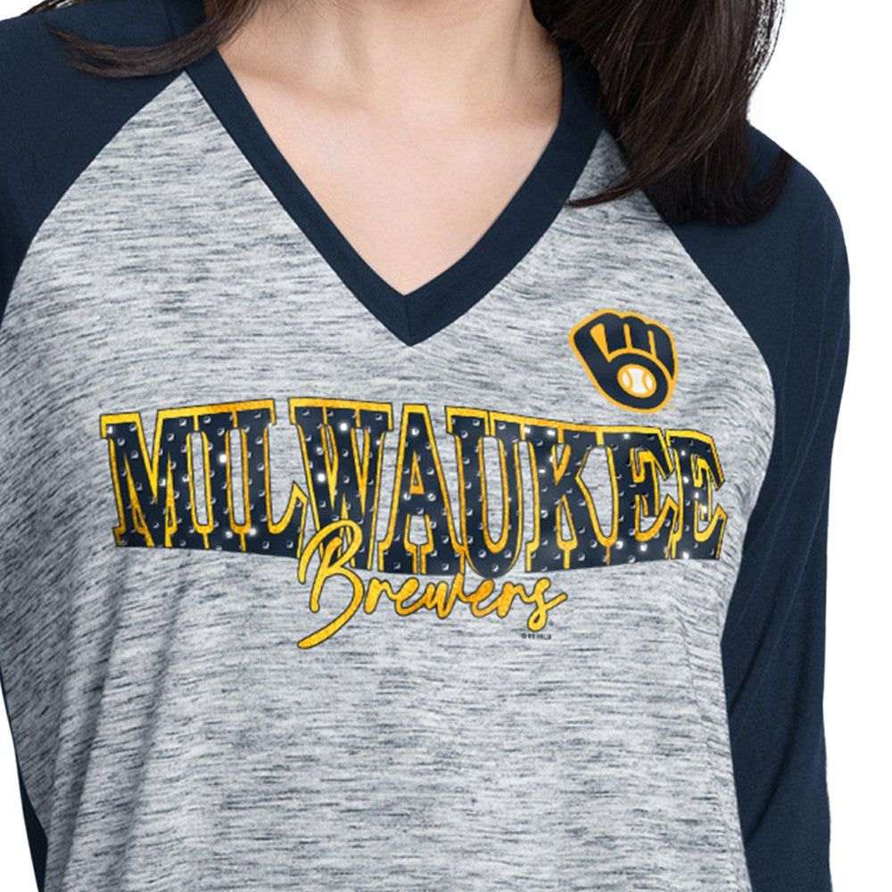 Milwaukee Brewers G-III 4Her by Carl Banks Women's Speed Training 3/4-Sleeve Rhinestone V-Neck T-Shirt Navy/Heather Navy