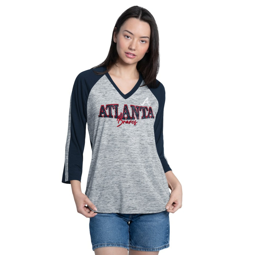 Atlanta Braves G-III 4Her by Carl Banks Women's Speed Training 3/4-Sleeve Rhinestone V-Neck T-Shirt Navy/Heather Navy