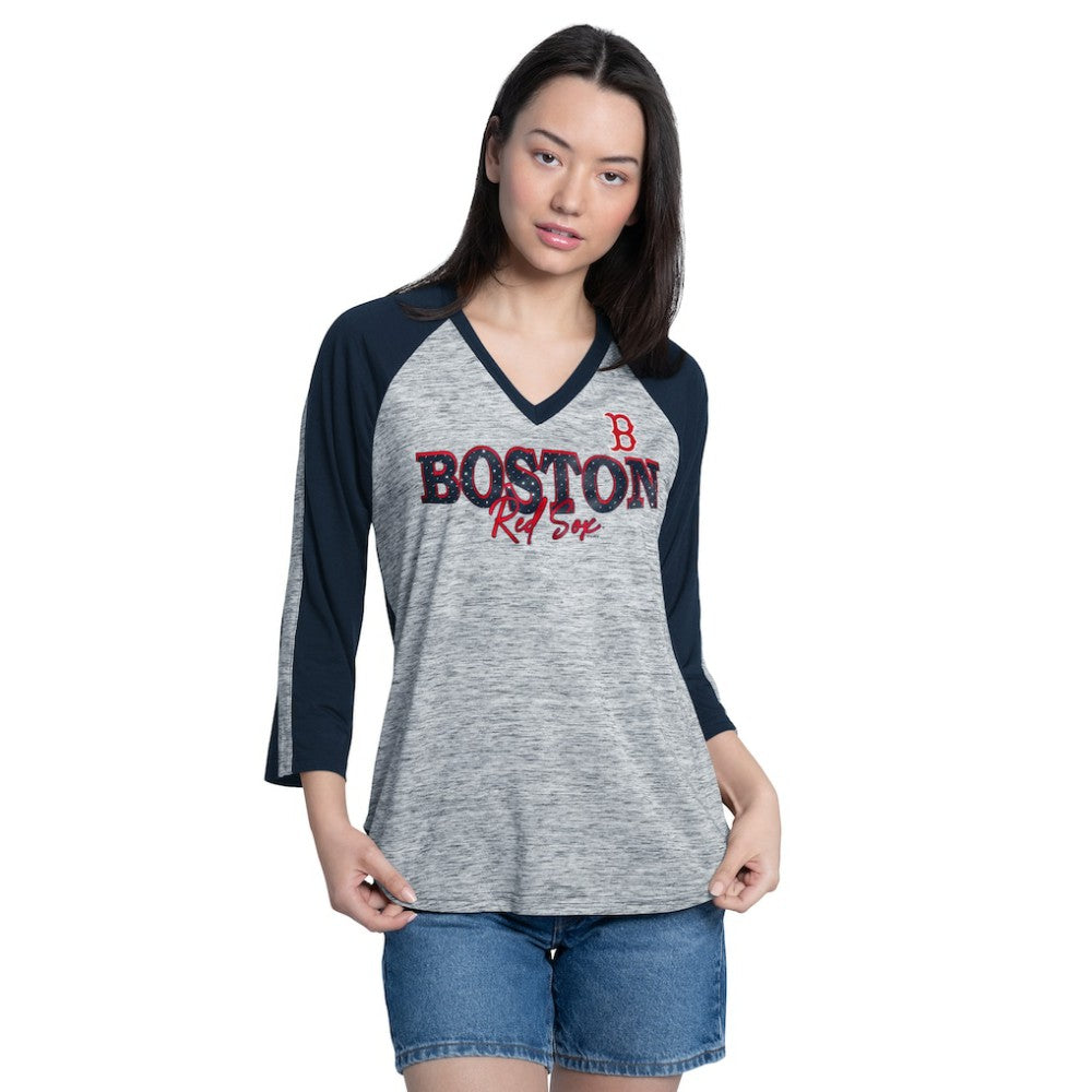 Boston Red Sox G-III 4Her by Carl Banks Women's Speed Training 3/4-Sleeve Rhinestone V-Neck T-Shirt Navy/Heather Navy