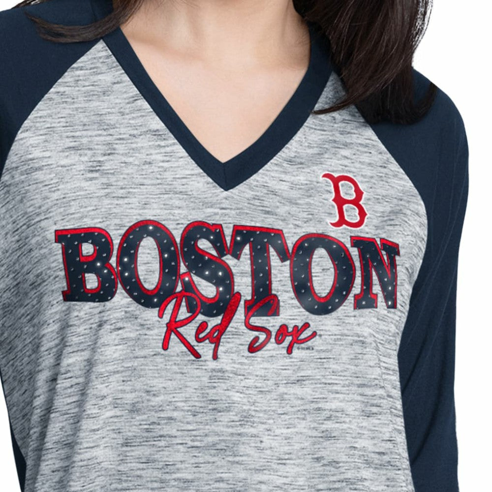 Boston Red Sox G-III 4Her by Carl Banks Women's Speed Training 3/4-Sleeve Rhinestone V-Neck T-Shirt Navy/Heather Navy