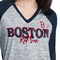Boston Red Sox G-III 4Her by Carl Banks Women's Speed Training 3/4-Sleeve Rhinestone V-Neck T-Shirt Navy/Heather Navy