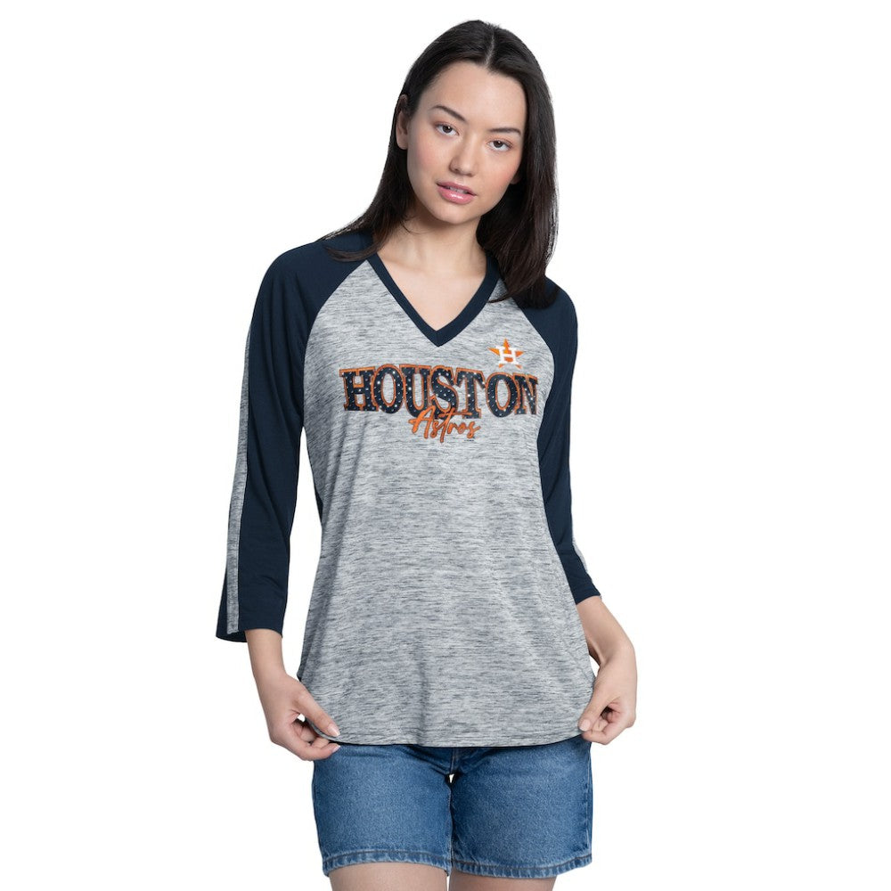 Houston Astros G-III 4Her by Carl Banks Women's Speed Training 3/4-Sleeve Rhinestone V-Neck T-Shirt Navy/Heather Navy