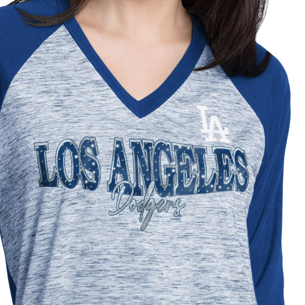 Los Angeles Dodgers G-III 4Her by Carl Banks Women's Speed Training 3/4-Sleeve Rhinestone V-Neck T-Shirt Royal/Heather Royal