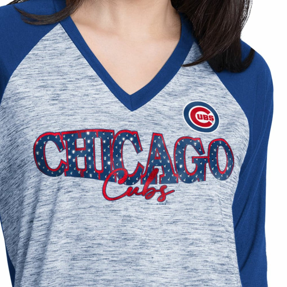 Chicago Cubs G-III 4Her by Carl Banks Women's Speed Training 3/4-Sleeve Rhinestone V-Neck T-Shirt Royal/Heather Gray