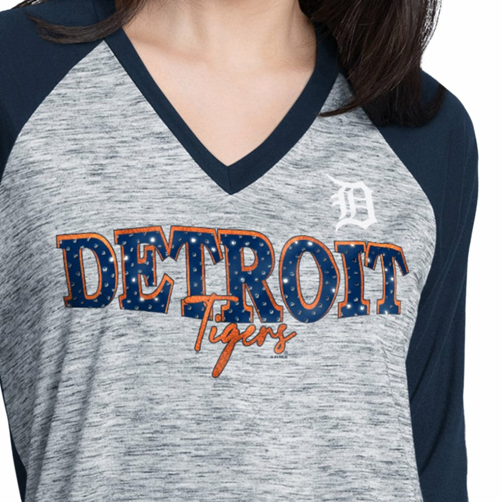 Detroit Tigers G-III 4Her by Carl Banks Women's Speed Training 3/4-Sleeve Rhinestone V-Neck T-Shirt Navy/Heather Navy