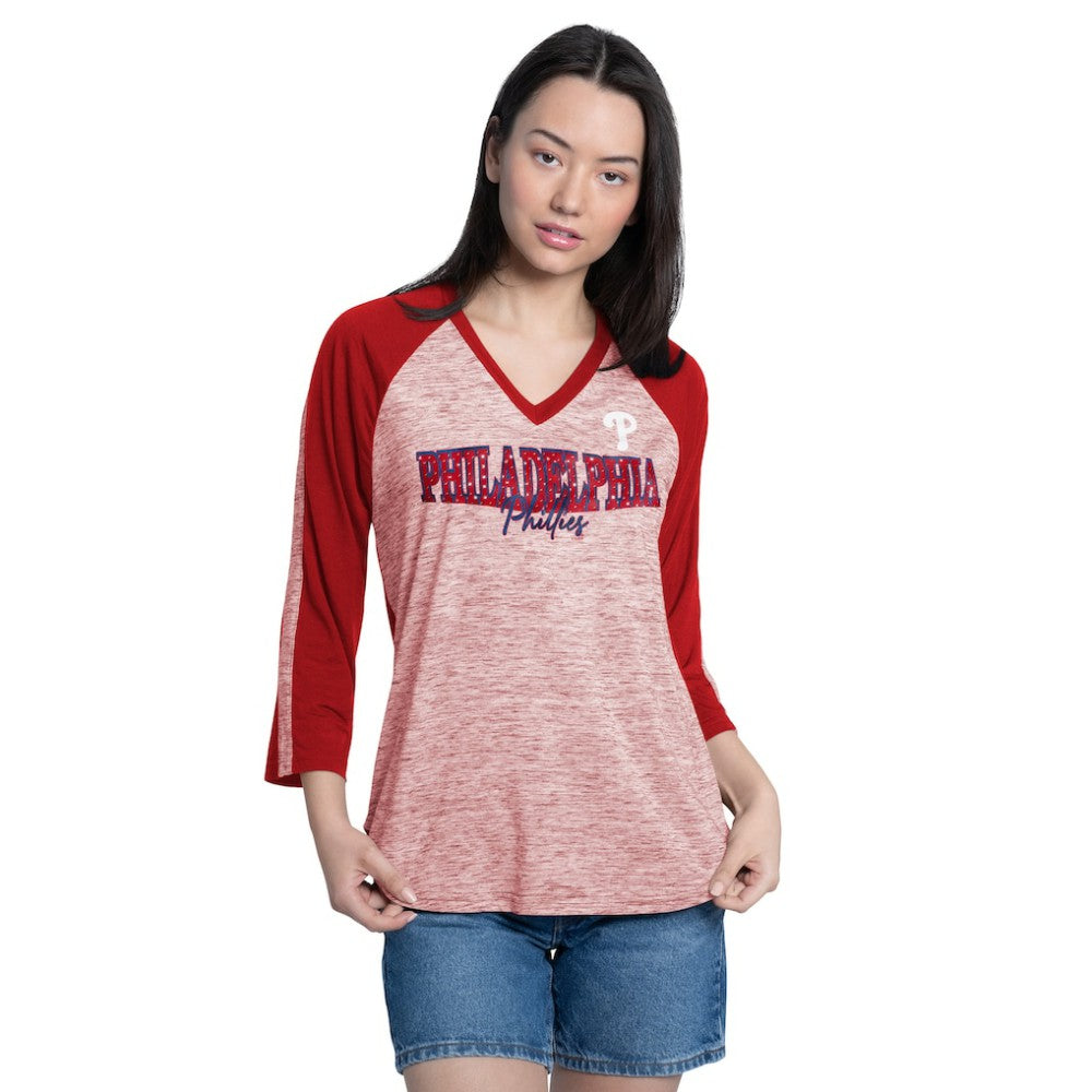 Philadelphia Phillies G-III 4Her by Carl Banks Women's Speed Training 3/4-Sleeve Rhinestone V-Neck T-Shirt Red/Heather Red
