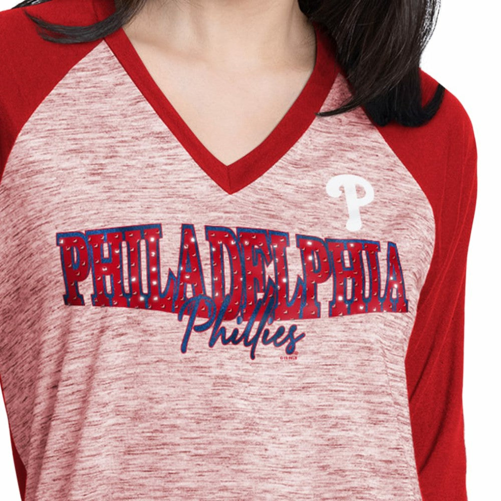 Philadelphia Phillies G-III 4Her by Carl Banks Women's Speed Training 3/4-Sleeve Rhinestone V-Neck T-Shirt Red/Heather Red