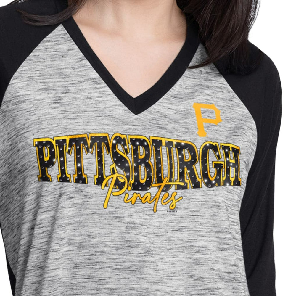 Pittsburgh Pirates G-III 4Her by Carl Banks Women's Speed Training 3/4-Sleeve Rhinestone V-Neck T-Shirt Black/Heather Black