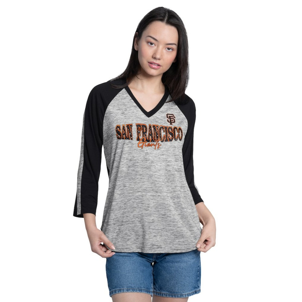 San Francisco Giants G-III 4Her by Carl Banks Women's Speed Training 3/4-Sleeve Rhinestone V-Neck T-Shirt Black/Heather Black