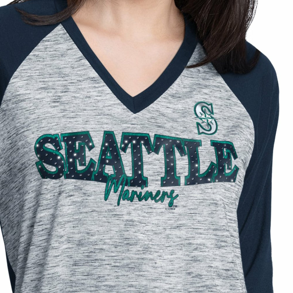 Seattle Mariners G-III 4Her by Carl Banks Women's Speed Training 3/4-Sleeve Rhinestone V-Neck T-Shirt Navy/Heather Navy
