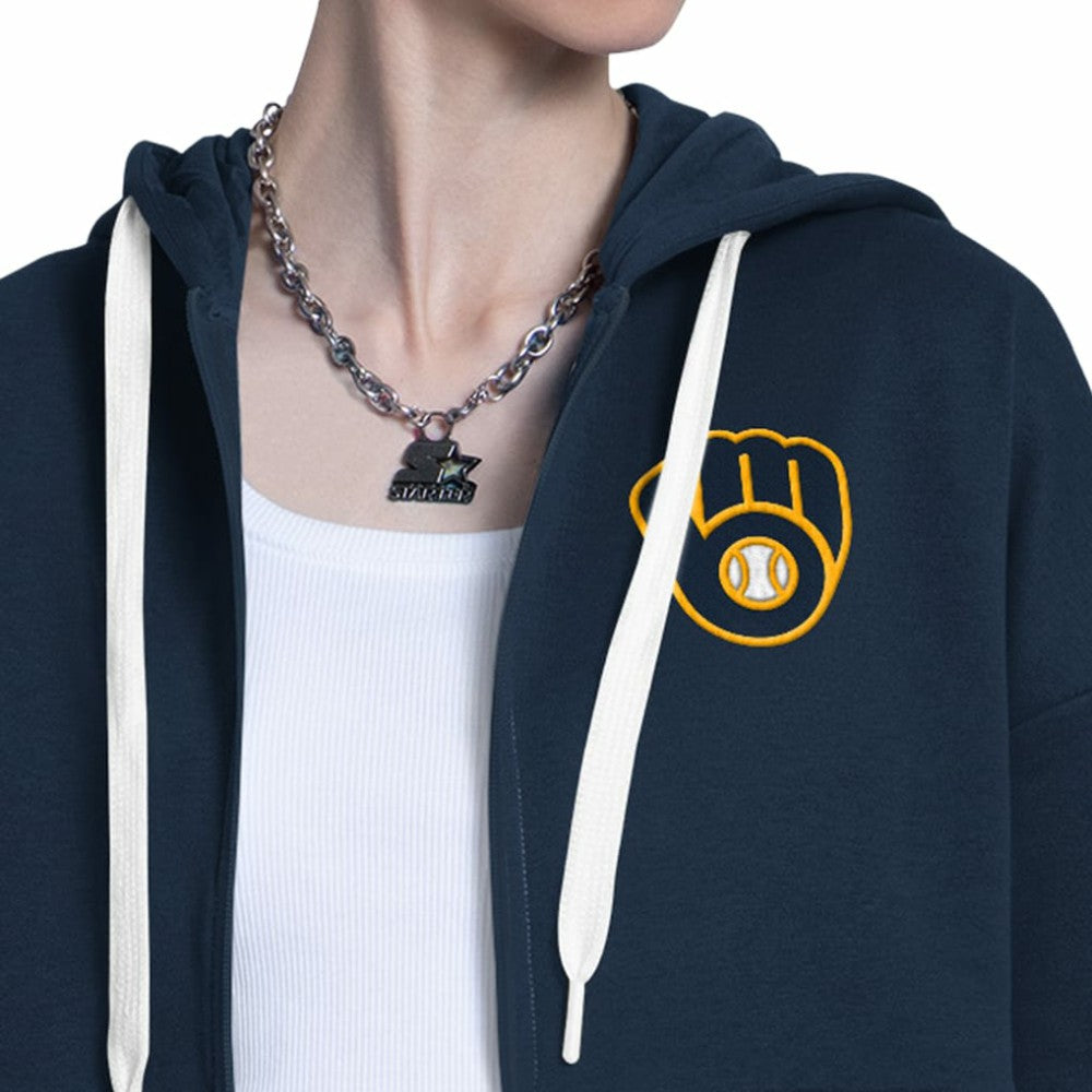 Milwaukee Brewers Starter Women's Wishbone Full-Zip Hoodie Navy/Heather Gray