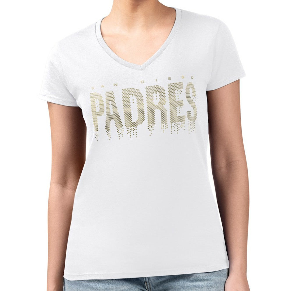 San Diego Padres G-III 4Her by Carl Banks Women's Metallic Drop Lightweight V-Neck T-Shirt White