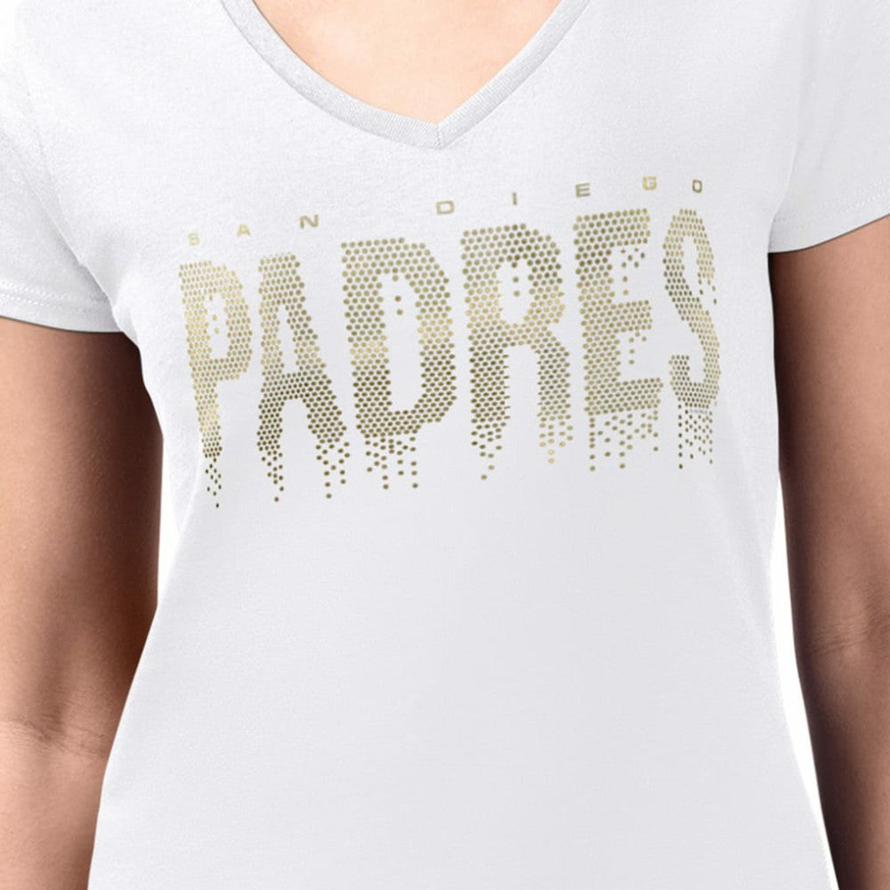 San Diego Padres G-III 4Her by Carl Banks Women's Metallic Drop Lightweight V-Neck T-Shirt White