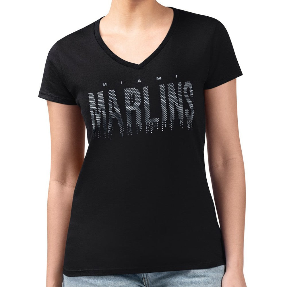 Miami Marlins G-III 4Her by Carl Banks Women's Metallic Drop Lightweight V-Neck T-Shirt Black