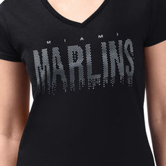 Miami Marlins G-III 4Her by Carl Banks Women's Metallic Drop Lightweight V-Neck T-Shirt Black