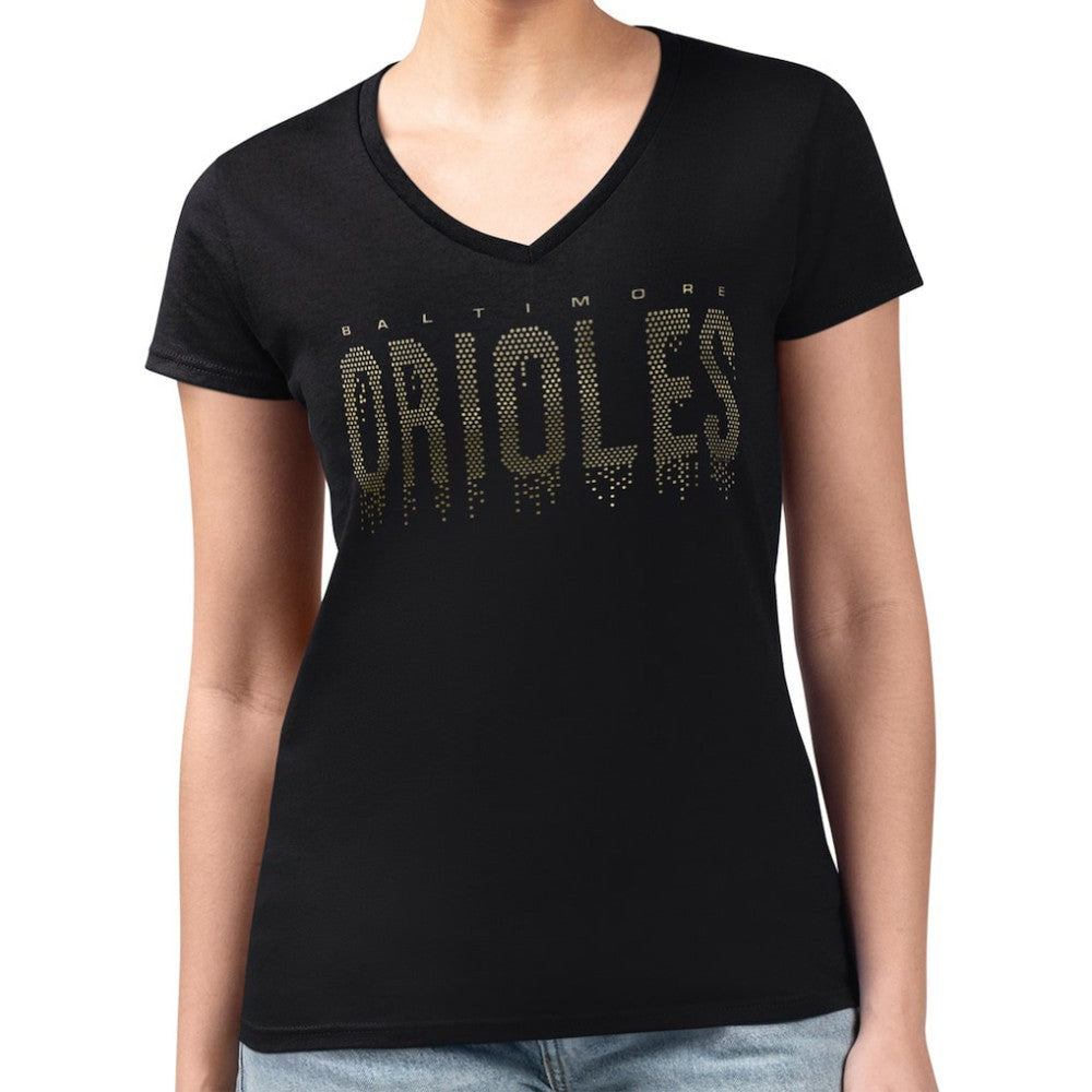 Baltimore Orioles G-III 4Her by Carl Banks Women's Metallic Drop Lightweight V-Neck T-Shirt Black