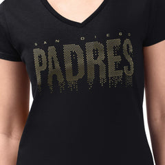 San Diego Padres G-III 4Her by Carl Banks Women's Metallic Drop Lightweight V-Neck T-Shirt Black