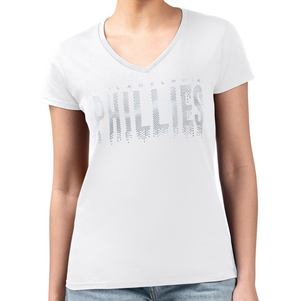 Philadelphia Phillies G-III 4Her by Carl Banks Women's Metallic Drop Lightweight V-Neck T-Shirt White