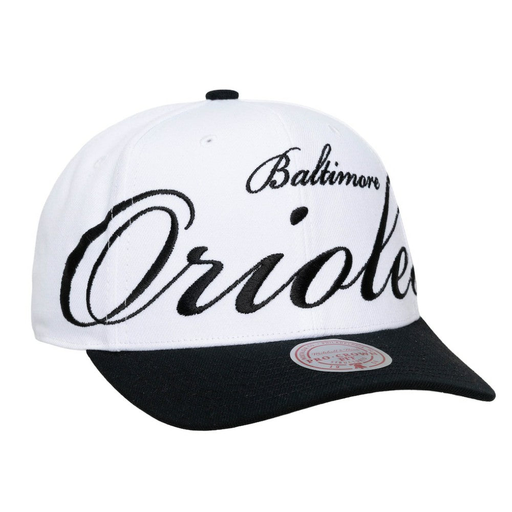 Baltimore Orioles Unisex XL Script Pro Crown Snapback Hat White/Black | Mitchell & Ness