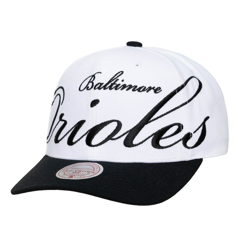 Baltimore Orioles Unisex XL Script Pro Crown Snapback Hat White/Black | Mitchell & Ness