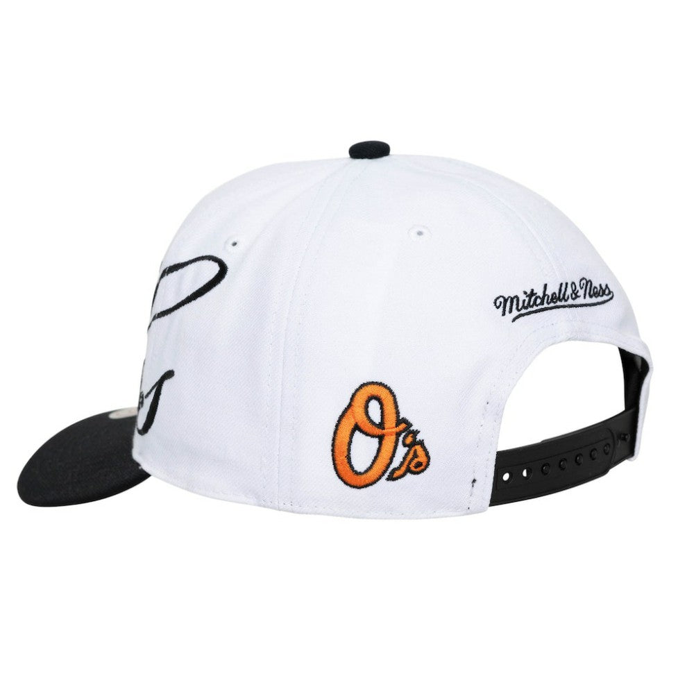 Baltimore Orioles Unisex XL Script Pro Crown Snapback Hat White/Black | Mitchell & Ness
