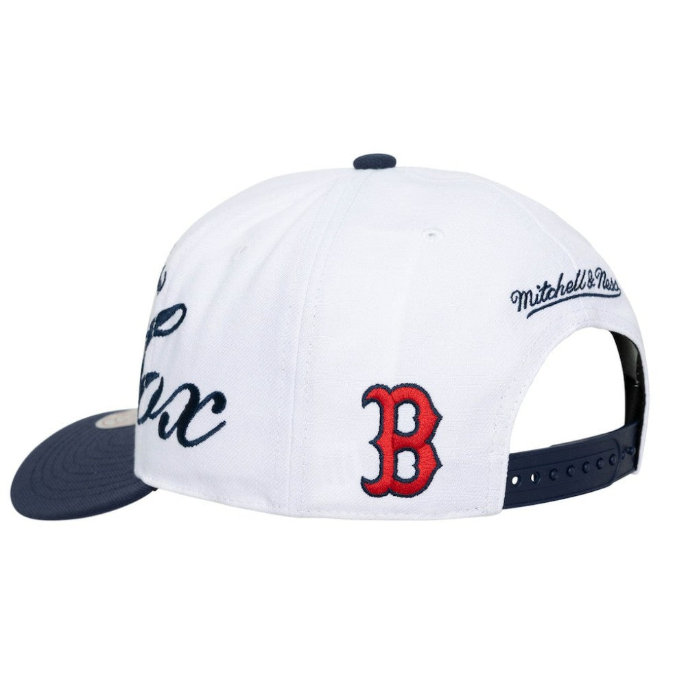 Boston Red Sox Unisex XL Script Pro Crown Snapback Hat White/Navy | Mitchell & Ness