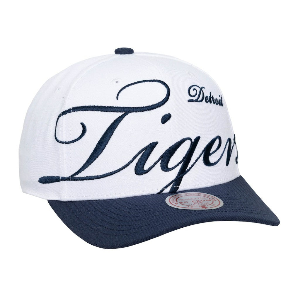 Detroit Tigers Unisex XL Script Pro Crown Snapback Hat White/Navy | Mitchell & Ness