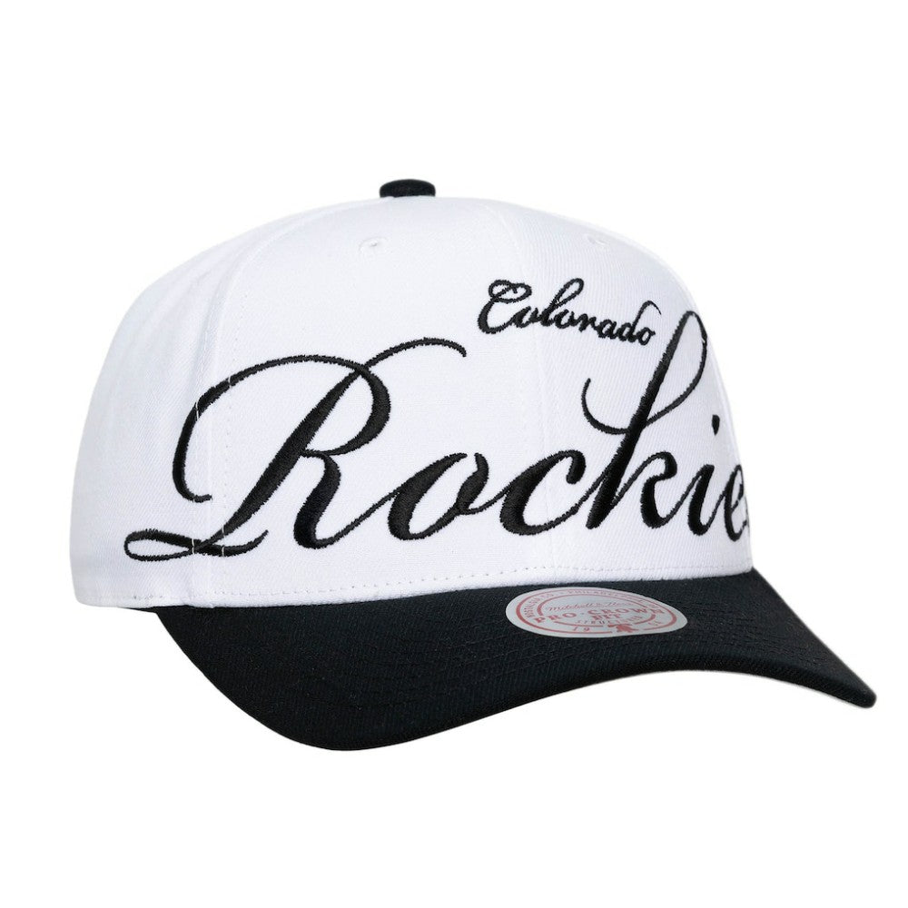 Colorado Rockies Unisex XL Script Pro Crown Snapback Hat White/Black | Mitchell & Ness
