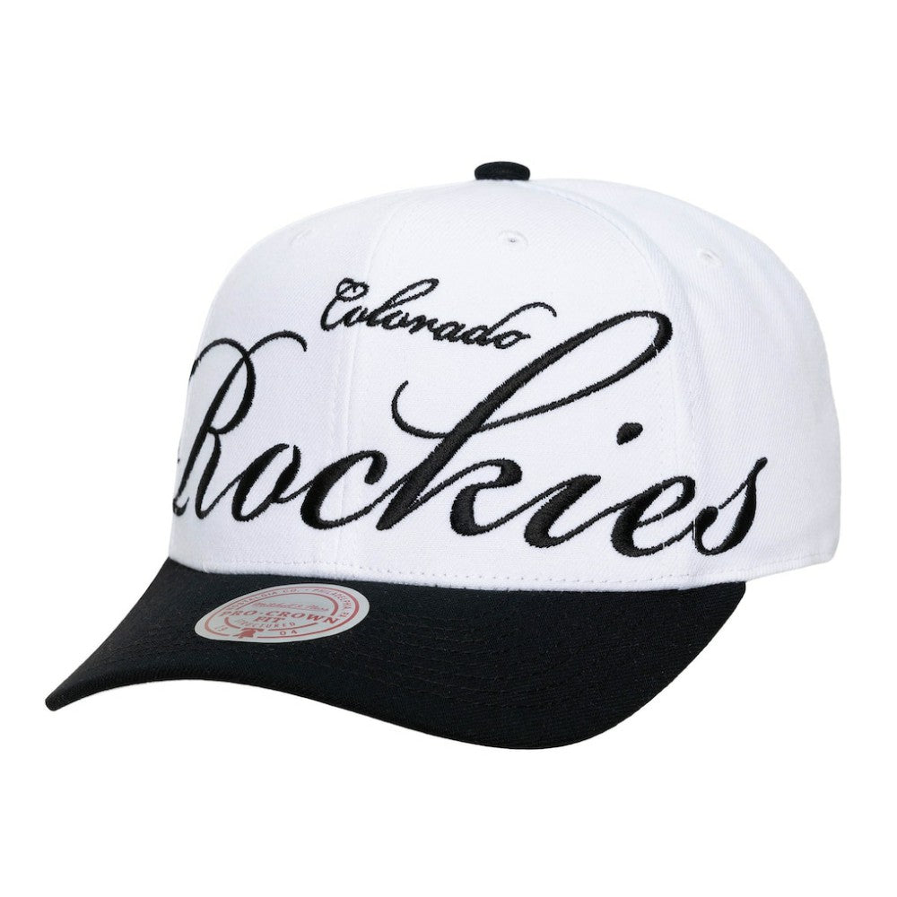 Colorado Rockies Unisex XL Script Pro Crown Snapback Hat White/Black | Mitchell & Ness