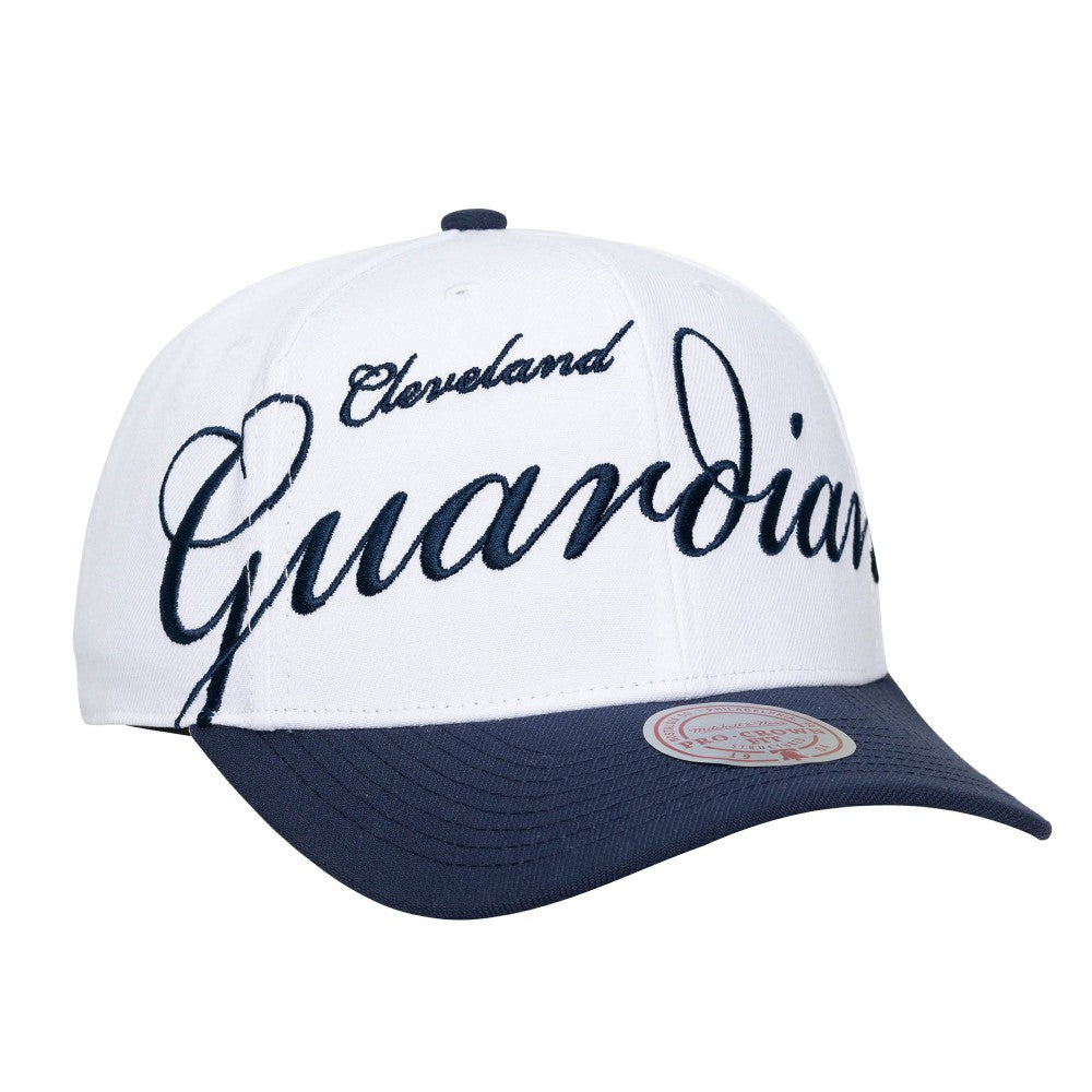 Cleveland Guardians Unisex XL Script Pro Crown Snapback Hat White/Navy | Mitchell & Ness