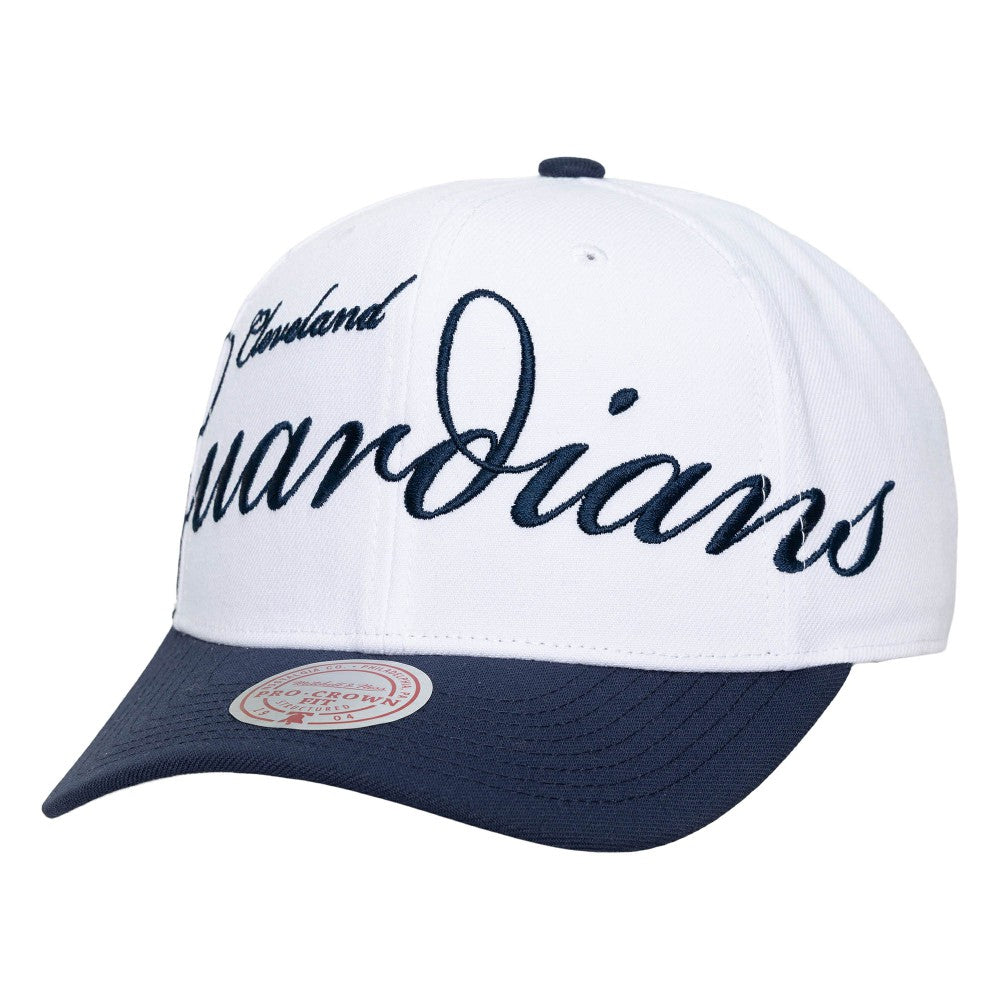 Cleveland Guardians Unisex XL Script Pro Crown Snapback Hat White/Navy | Mitchell & Ness