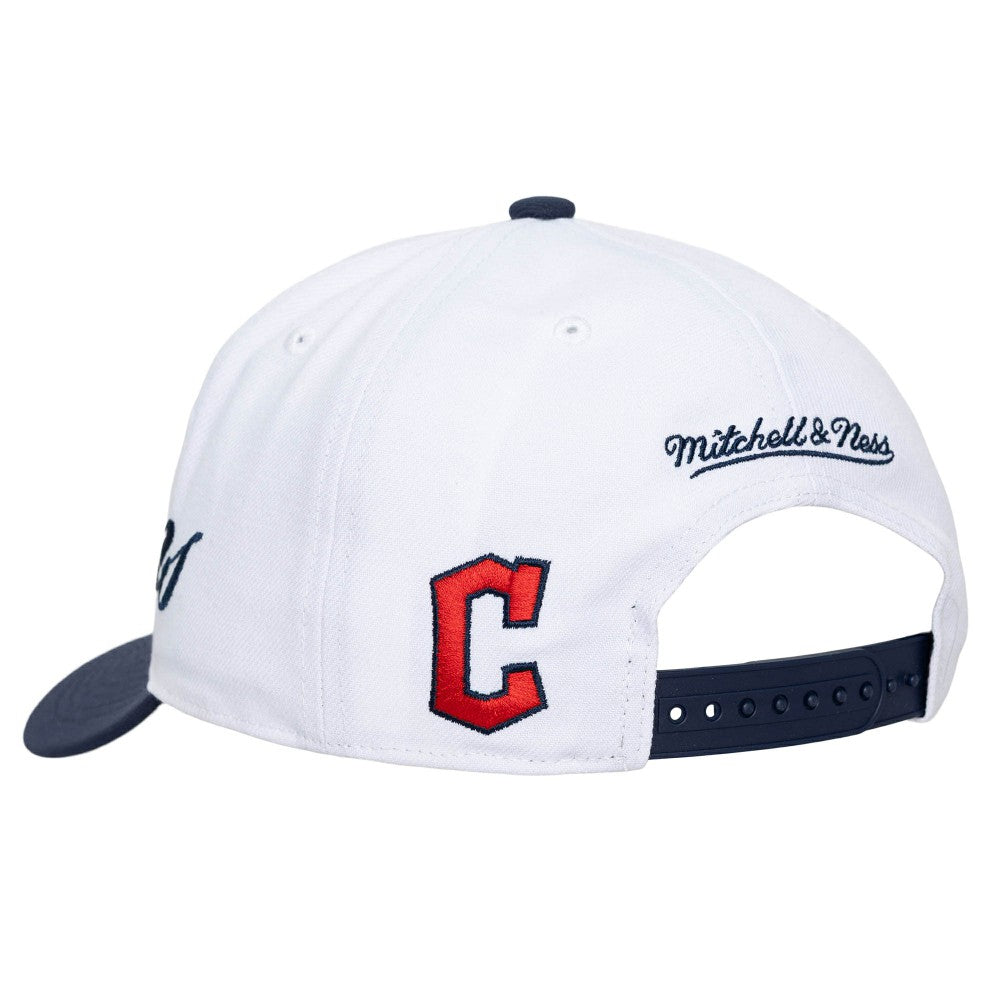 Cleveland Guardians Unisex XL Script Pro Crown Snapback Hat White/Navy | Mitchell & Ness
