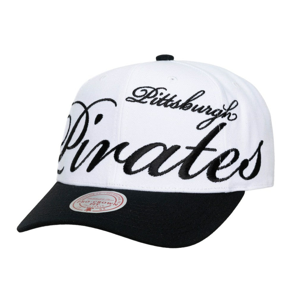 Pittsburgh Pirates Unisex XL Script Pro Crown Adjustable Hat White/Black | Mitchell & Ness