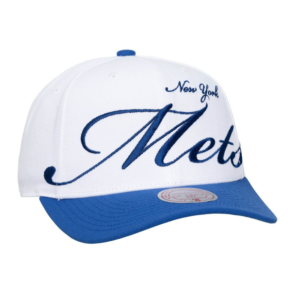 New York Mets Unisex XL Script Pro Crown Snapback Hat White/Royal | Mitchell & Ness