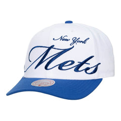 New York Mets Unisex XL Script Pro Crown Snapback Hat White/Royal | Mitchell & Ness