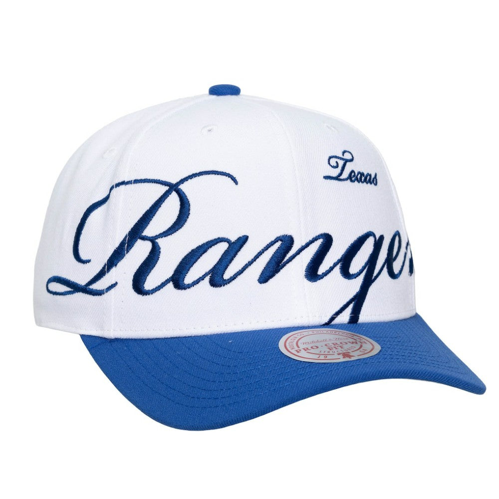 Texas Rangers Unisex XL Script Pro Crown Adjustable Hat White/Royal | Mitchell & Ness