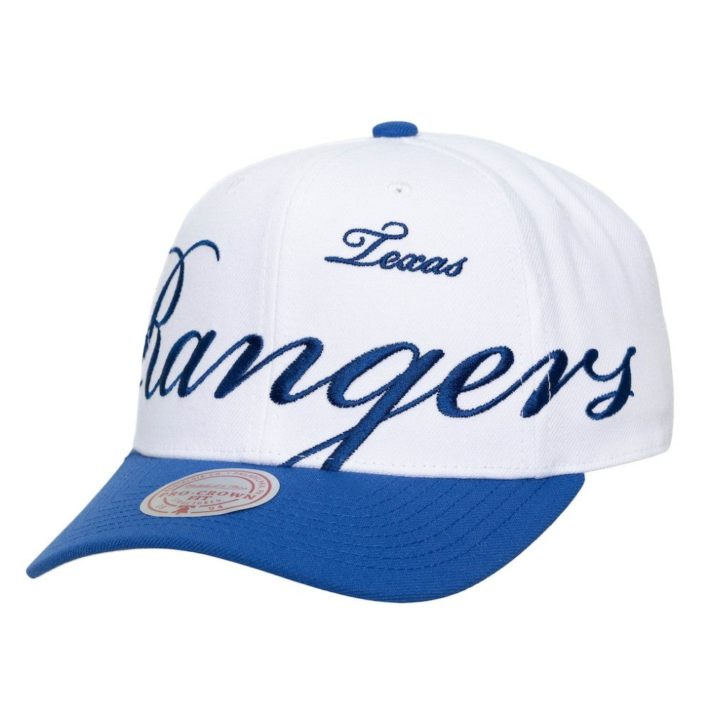 Texas Rangers Unisex XL Script Pro Crown Adjustable Hat White/Royal | Mitchell & Ness