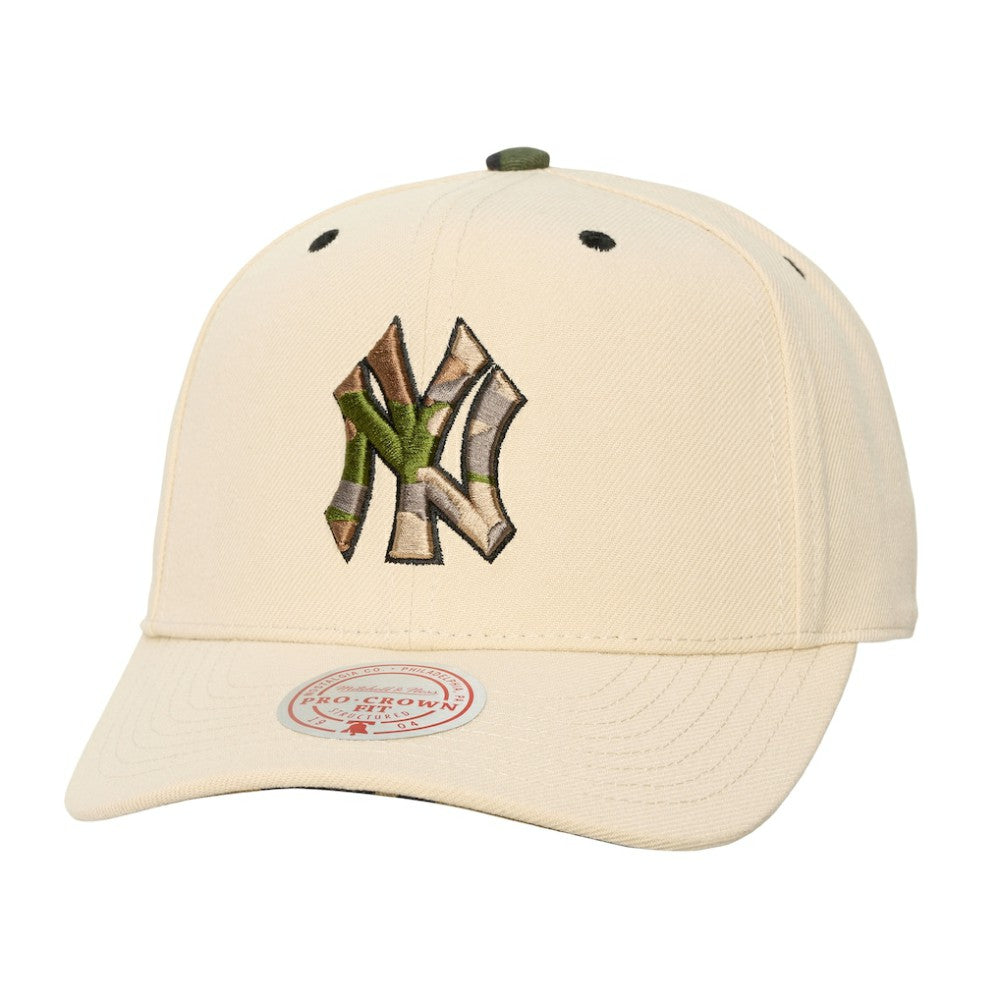 New York Yankees Unisex Camo Logo Pro Crown Snapback Hat Cream | Mitchell & Ness