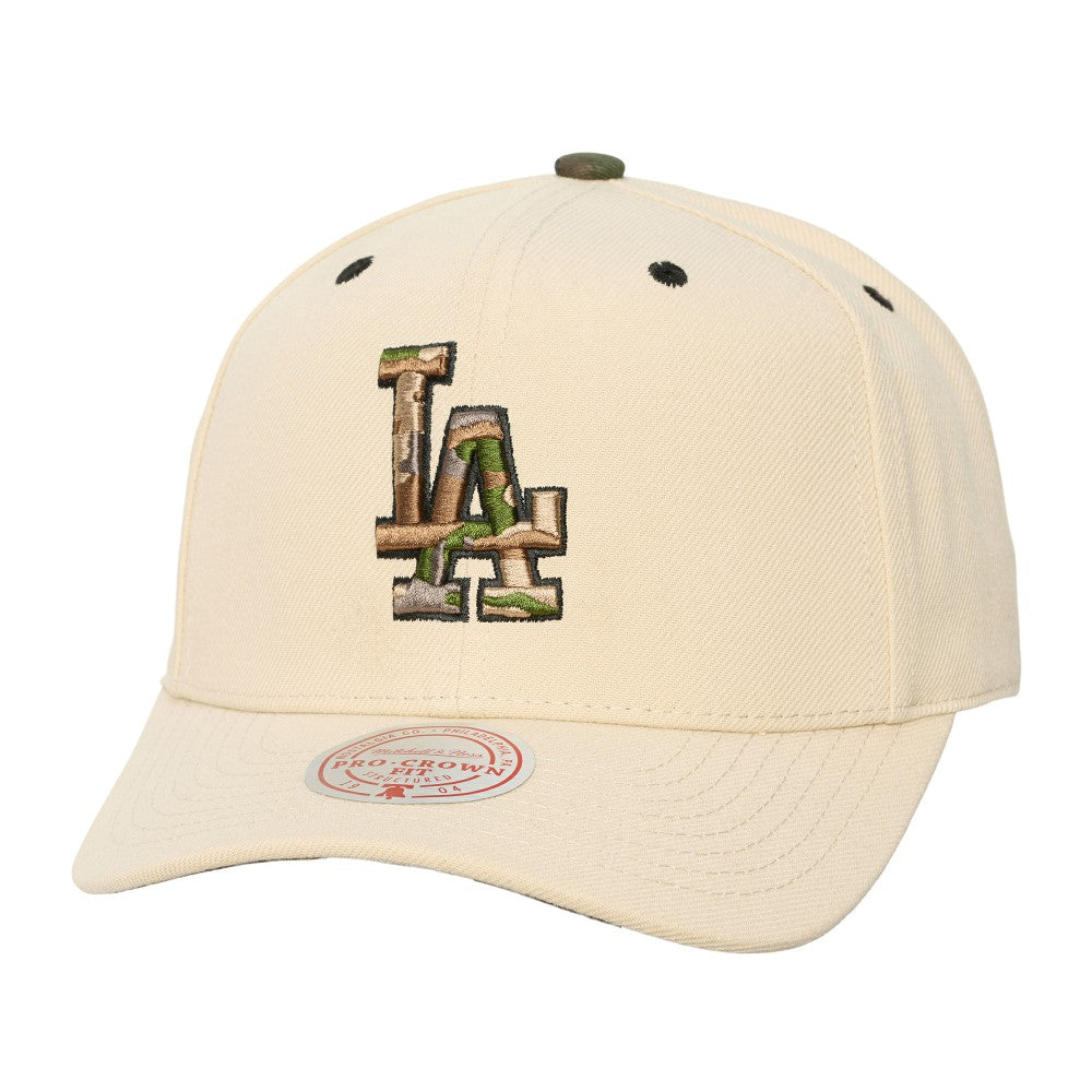 Los Angeles Dodgers Unisex Camo Logo Pro Crown Snapback Hat Cream | Mitchell & Ness
