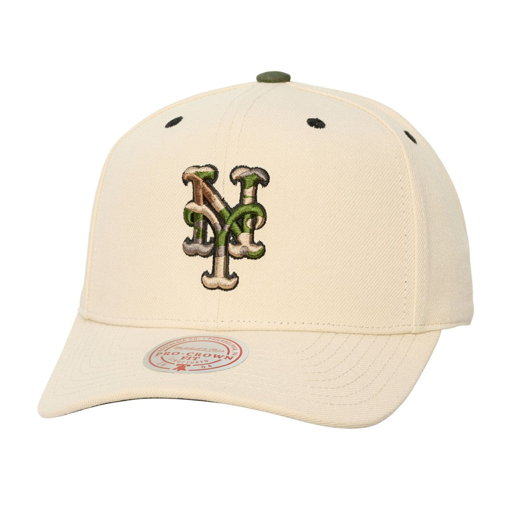 New York Mets Unisex Camo Logo Pro Crown Snapback Hat Cream | Mitchell & Ness