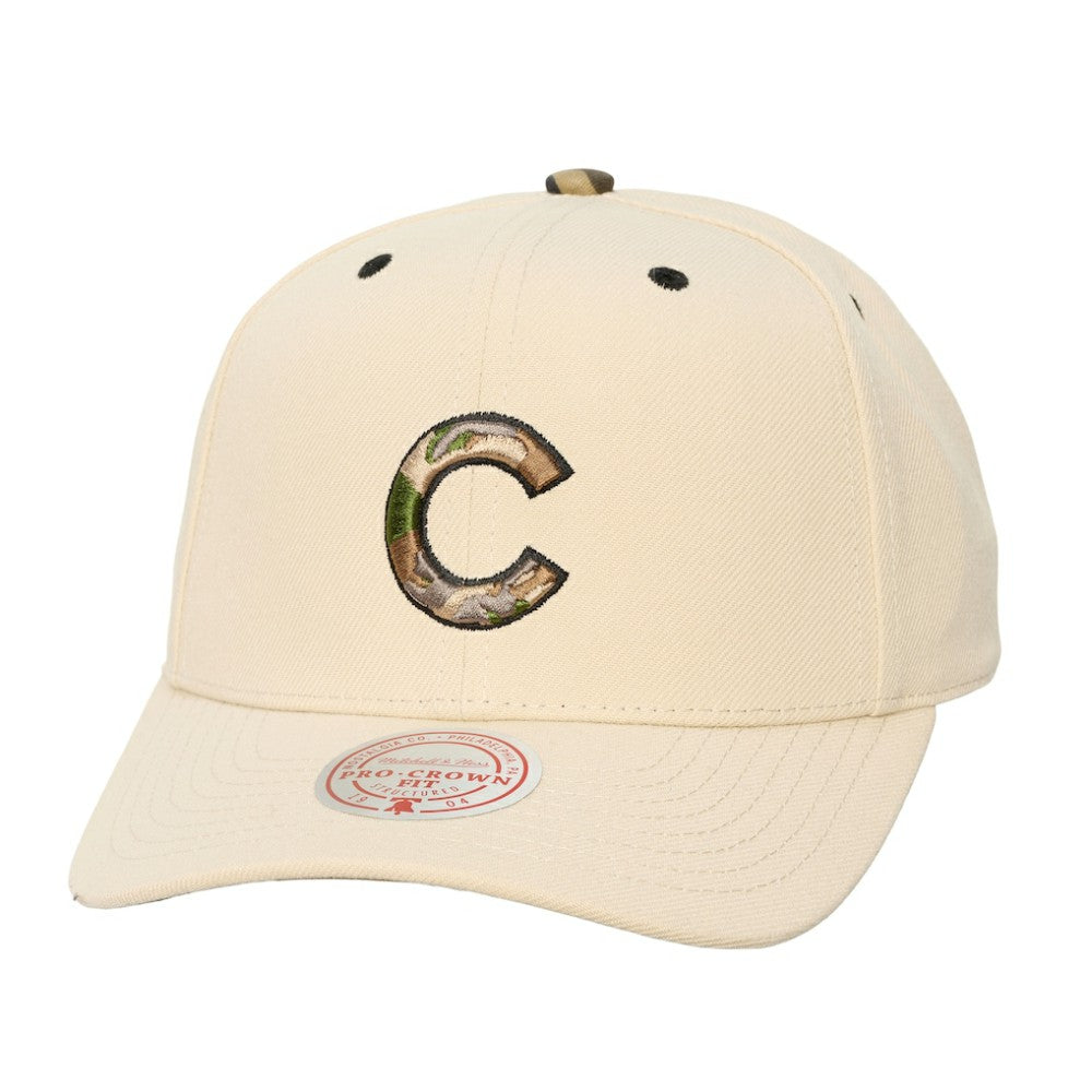 Chicago Cubs Unisex Camo Logo Pro Crown Snapback Hat Cream | Mitchell & Ness