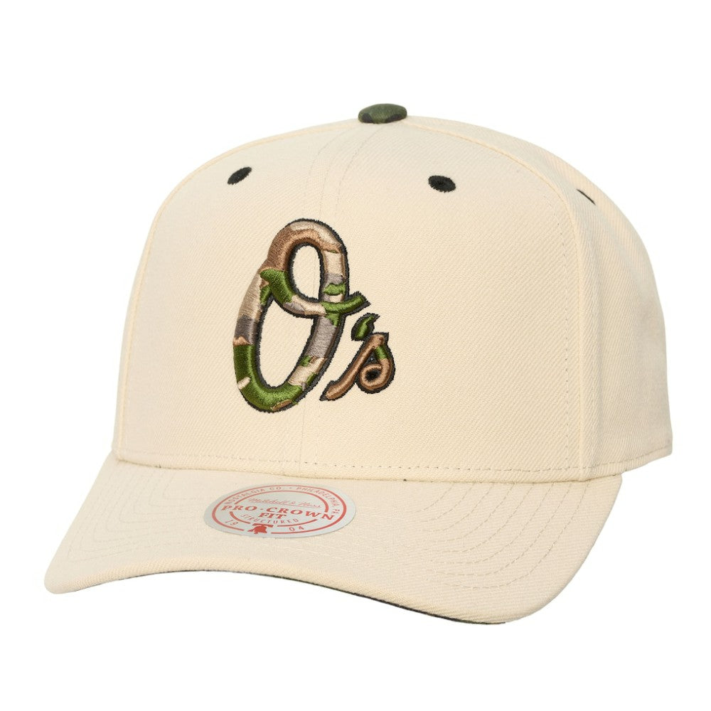 Baltimore Orioles Unisex Camo Logo Pro Crown Snapback Hat Cream | Mitchell & Ness