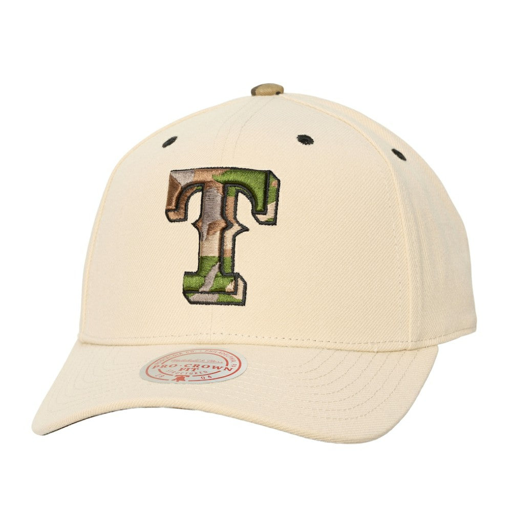 Texas Rangers Unisex Camo Logo Pro Crown Snapback Hat Cream | Mitchell & Ness