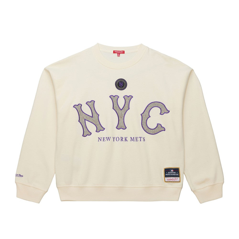 New York Mets Women's Premium Oversized Crewneck Sweatshirt Cream | Mitchell & Ness