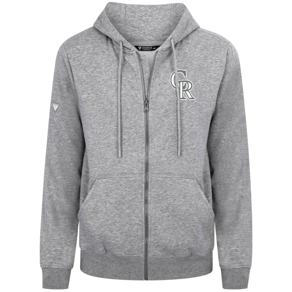 Colorado Rockies Levelwear Podium Chenille Logo Full-Zip Hoodie Heather Gray