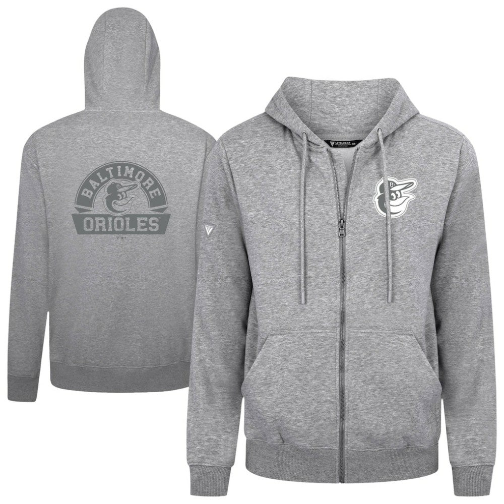 Baltimore Orioles Levelwear Podium Banner Arch Full-Zip Hoodie Heather Gray