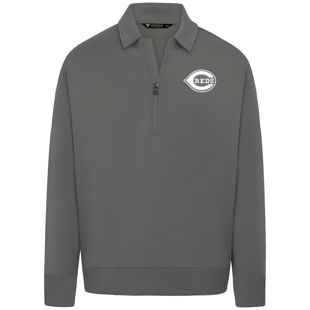 Cincinnati Reds Levelwear Luxe Signature Quarter-Zip Chenille Logo Tri-Blend Sweatshirt Gray