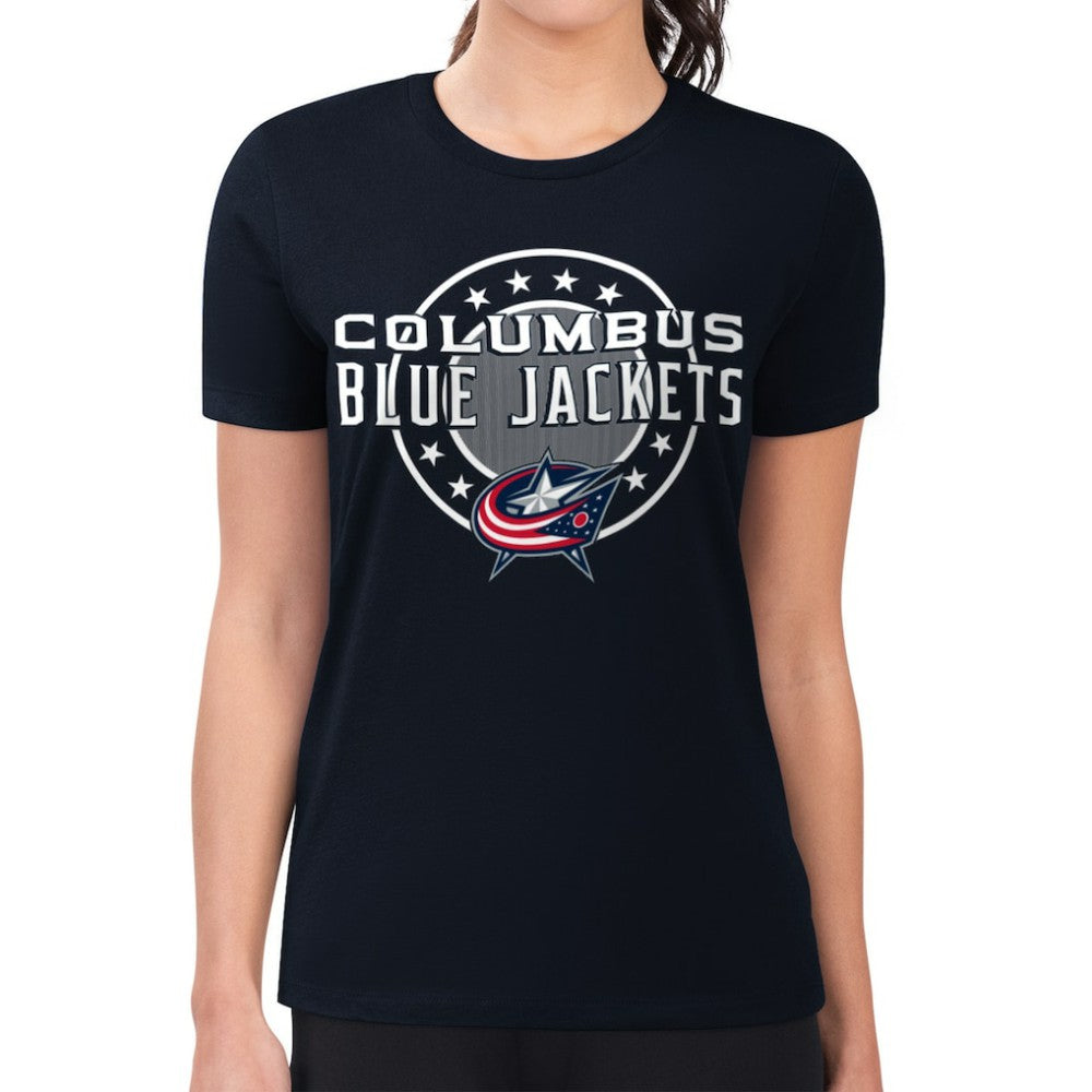 Columbus Blue Jackets G-III 4Her by Carl Banks Women's Super-Slim Lightweight Pinstripe Circle Graphic T-Shirt Navy